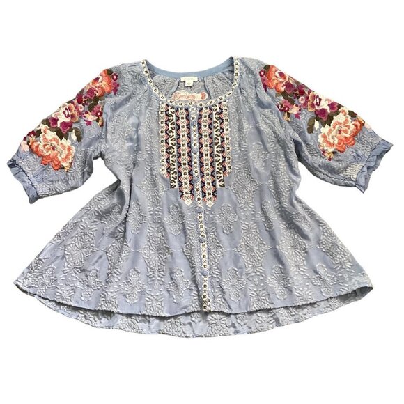 Sundance Ballets Melody Embroidered Detail Blouse Sz L Blue #228D - Picture 3 of 12
